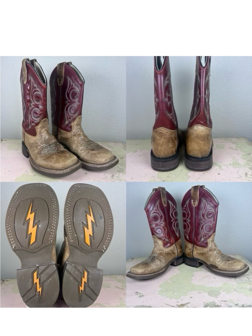 Old West Kids Square Toe Cowboy Boots Brown Maroon Leather Boys Size 12